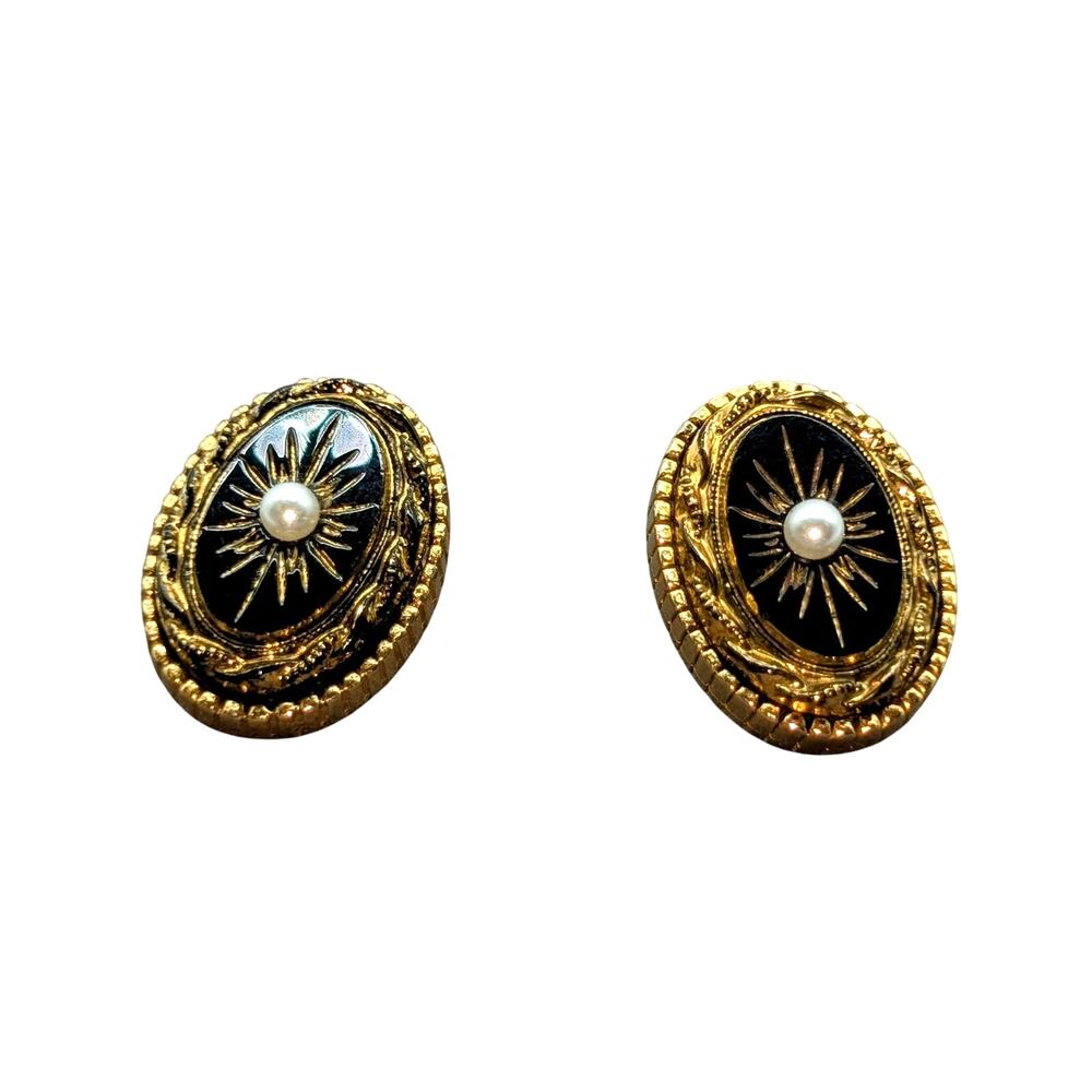 Vintage Sphinx Victorian Revival Black Gold Faux Pearl Clip On Earrings